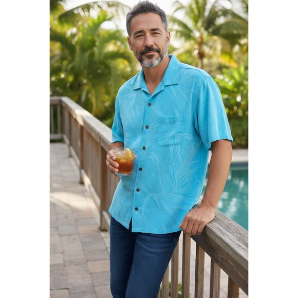 Caribbean Joe Men's Palm Tree + Floral Hawaiian Button Down Shirt Size XL - Picture 1 of 4